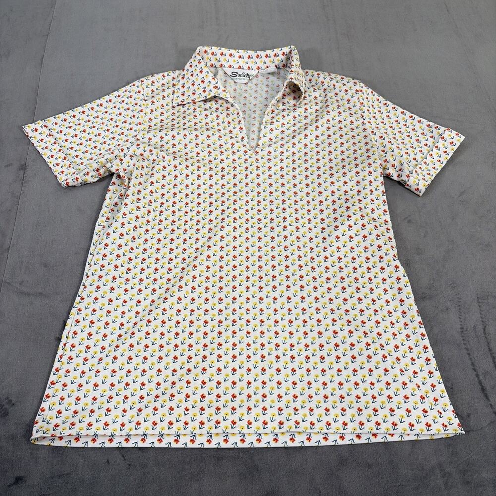 Vintage 70S Society White Flower Print V-Neck Collared Polyester Shirt Med.